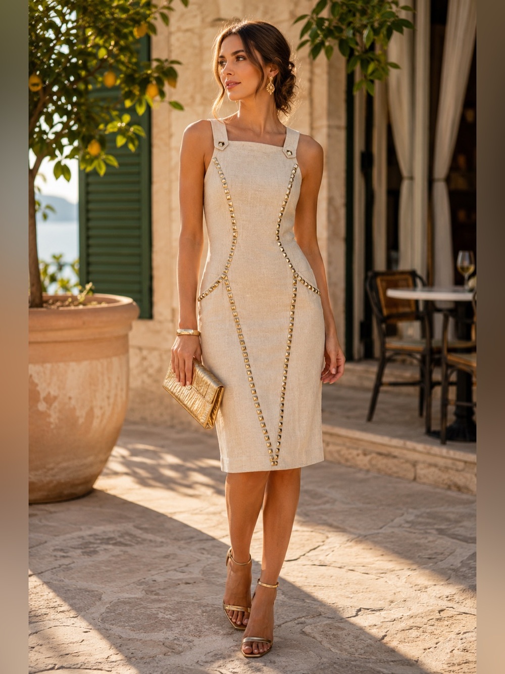 ANTHROPOLOGIE EVA FRANCO Linen w Gold Studs Sleeveless Cocktail Party Dress